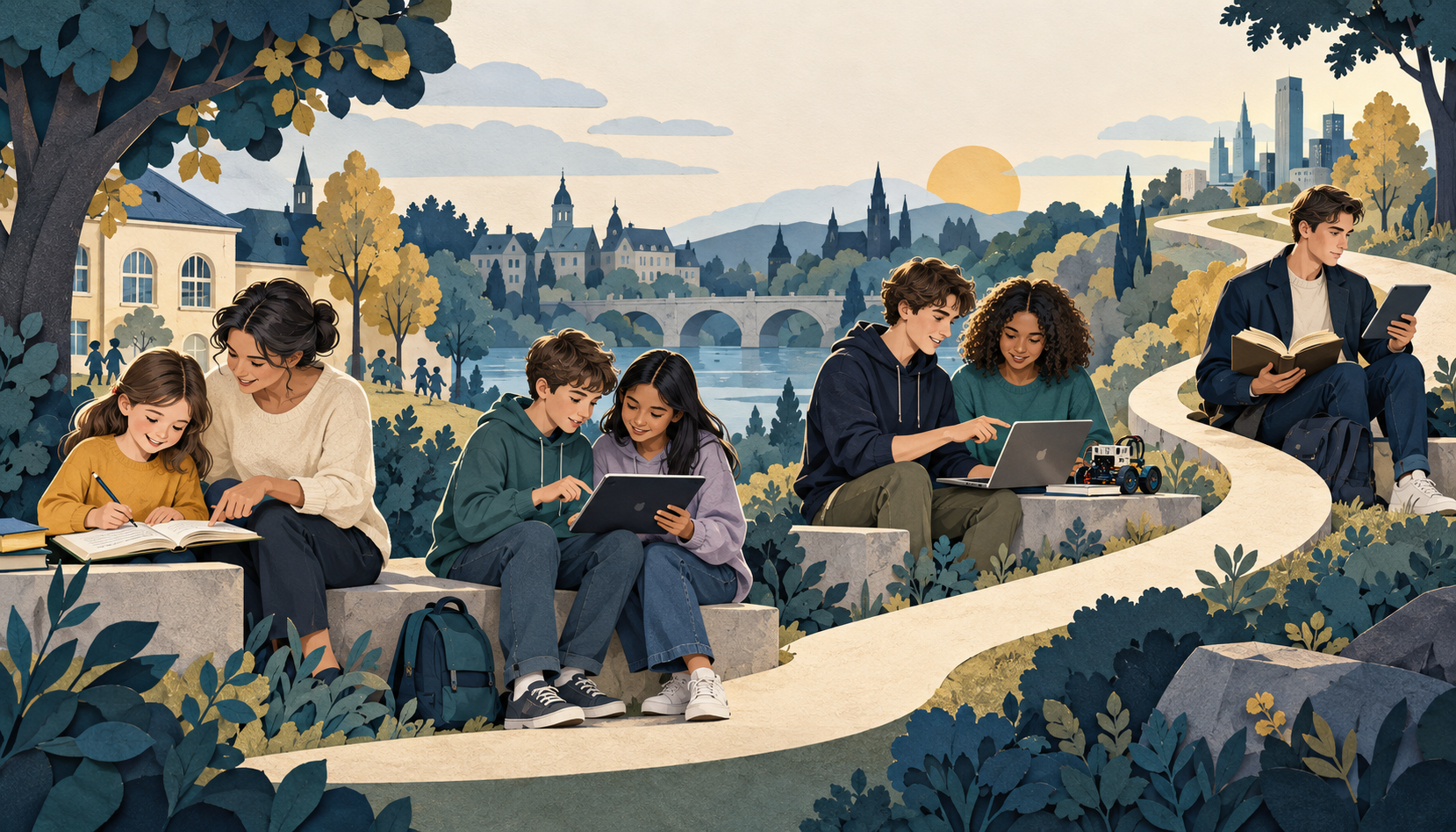 Illustration eines Lernwegs: ein Grundschulkind mit Begleitung, frühe Jugendliche, ältere Jugendliche bei einem Projekt und ein selbstständig arbeitender junger Erwachsener.